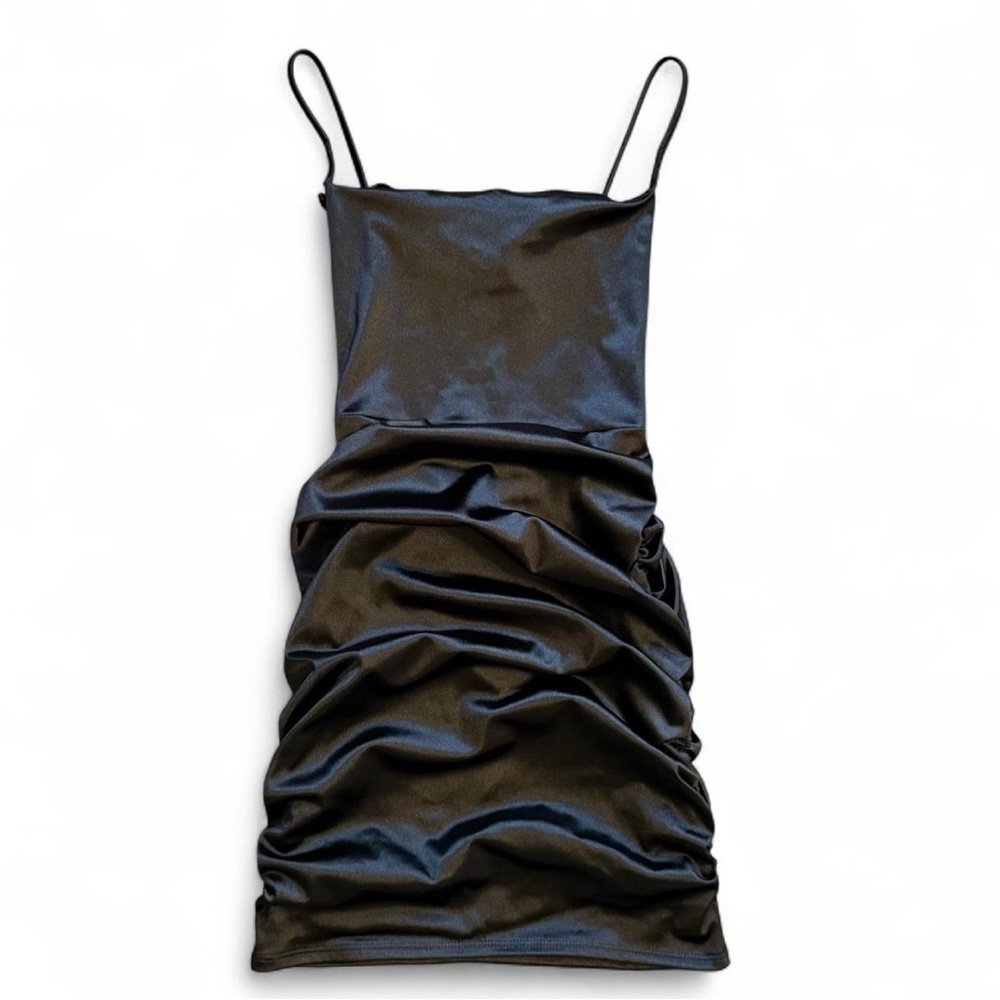 Windsor black satin ruched backless mini dress Small